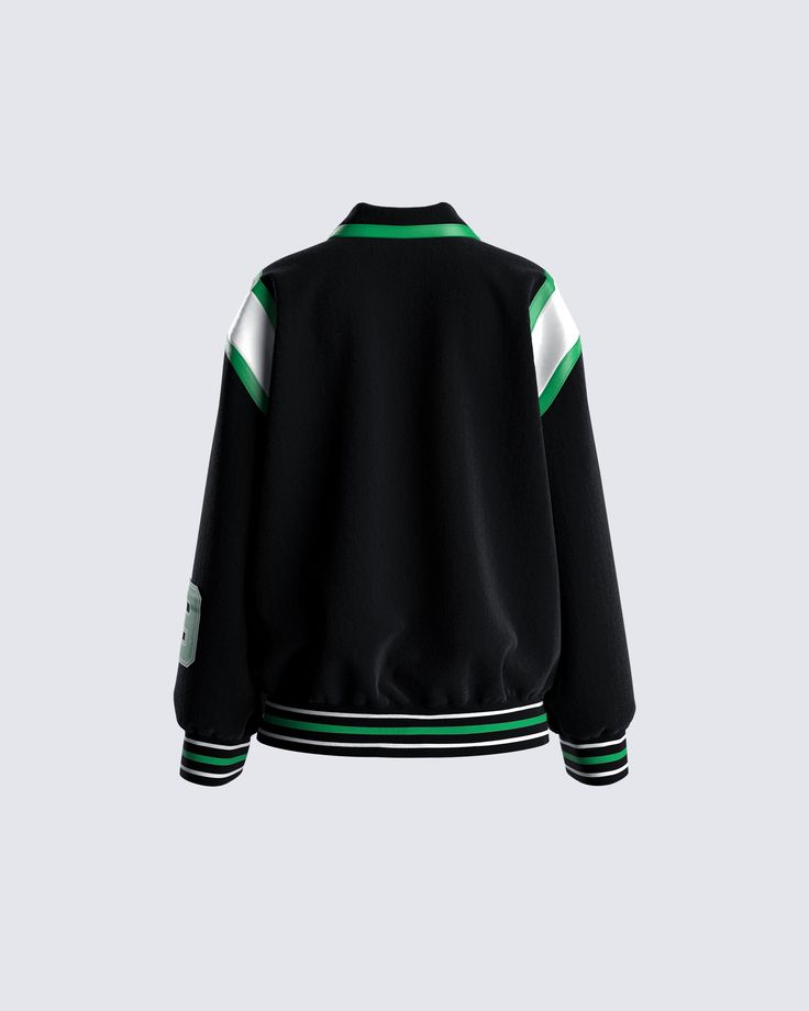 Captain of the bad b*tches 😘 Lead your team in style with this black and green varsity jacket Sporty Outerwear With Letter Print And Baseball Collar, Sports Style Letter Print Varsity Jacket, Urban Varsity Jacket With Baseball Collar For Sports, Urban Style Varsity Jacket With Baseball Collar For Sports, Varsity Outerwear With Ribbed Cuffs For School, Varsity Style Outerwear With Ribbed Cuffs For School, Urban Style Long Sleeve Varsity Jacket For Sports, Hip Hop Varsity Jacket With Baseball Collar, Hip Hop Varsity Jacket With Baseball Collar For Streetwear