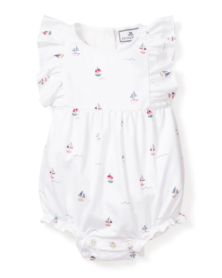 Grandma Coastal, Baby Vacation, Luxury Sleepwear, Sailboat Print, One Piece Pajamas, Ruffle Romper, Bubble Romper, Vacation Outfits, Baby Romper