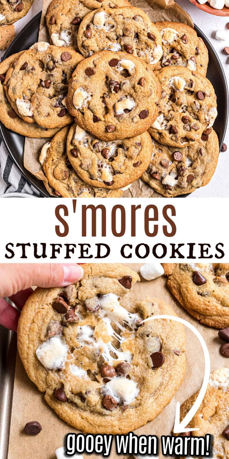 cookies with chocolate chips and marshmallows on top are shown in this collage