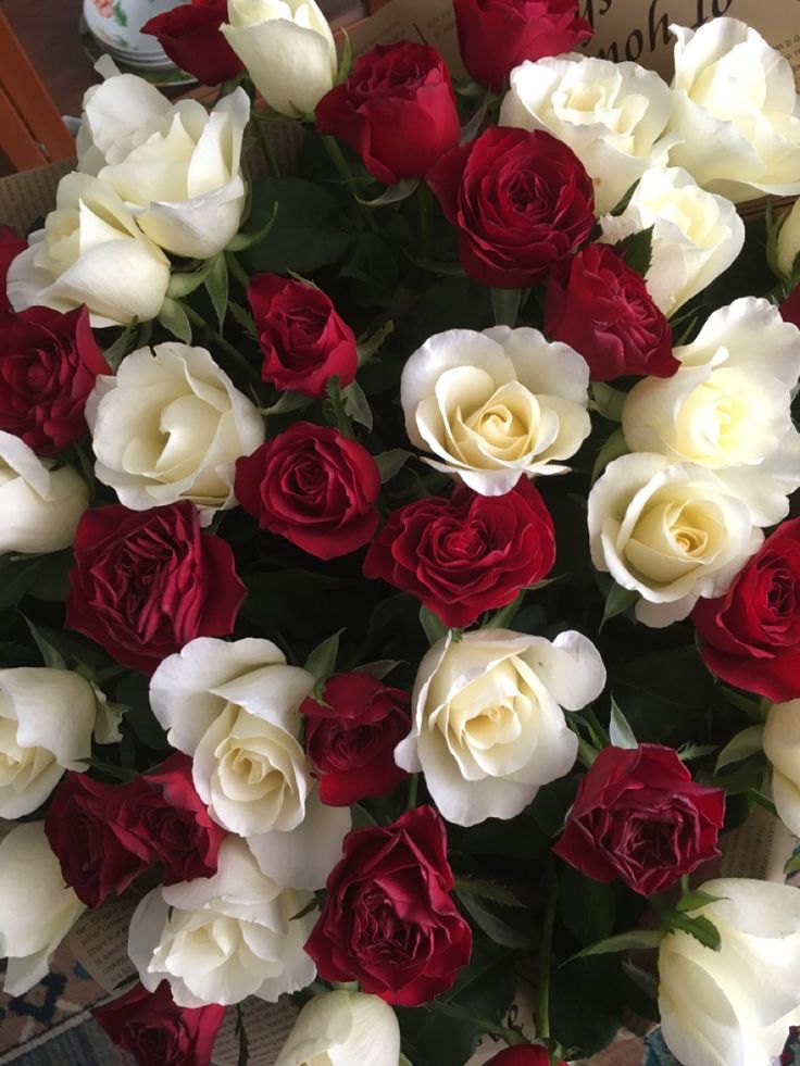 a bunch of white and red roses in a vase