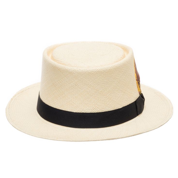 The Pork Pie Milan is beautifully hand-woven in 100% Toquilla straw. Lightweight and comfortable, this summer straw hat is diverse enough to wear at the golf course, to the beach, or just walking about. A classic style that has withstood the test of time. Extremely elegant with a red feather embellishment. This item is a genuine Panama Hat handwoven in Ecuador. Material: 100% Toquilla StrawBrim: 2 1/4"Crown: 4 1/4" telescopeHatband: 1 1/8" grosgrainClimate: Sun Handwoven in Ecuador. Hand-finishe Casual Woven Straw Panama Hat, Casual Toquilla Straw Fedora For Warm Weather, Casual Woven Straw Hat With Short Brim, Woven Toquilla Straw Hat With Flat Brim, Casual Woven Brimmed Panama Hat, Casual Flat Brim Paper Straw Hat, Casual Woven Toquilla Straw Boater Hat, Casual Woven Panama Hat With Curved Brim, Casual Toquilla Straw Boater Hat For Warm Weather