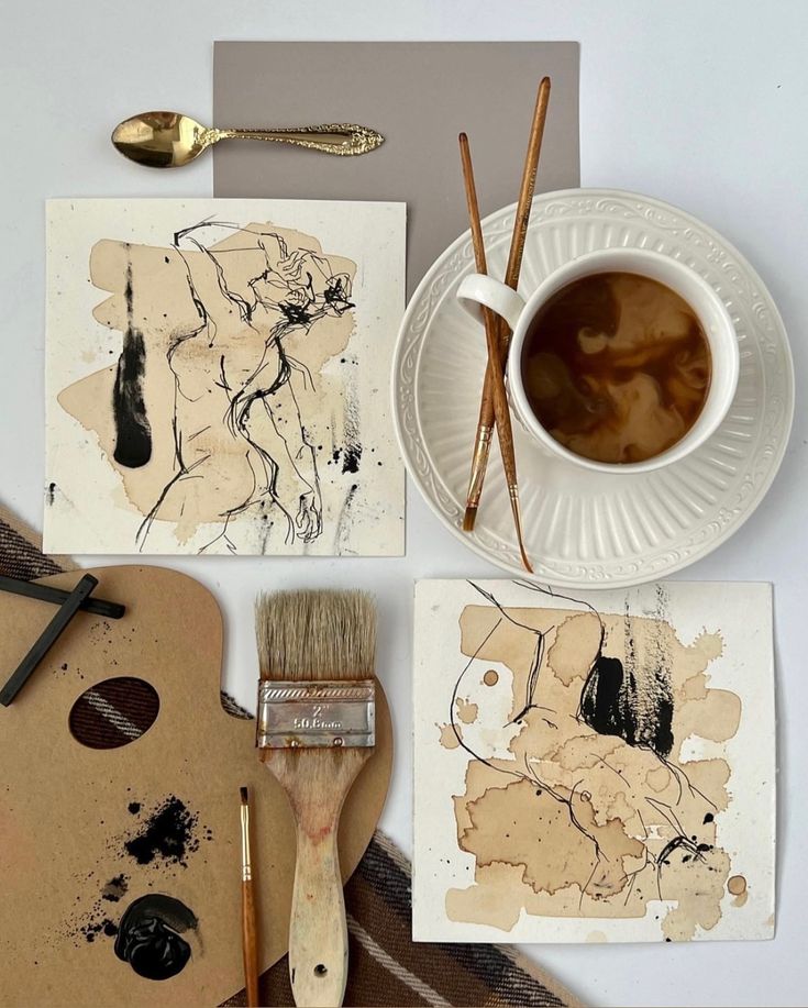 some art supplies are sitting on a table with paintbrushes and paper napkins