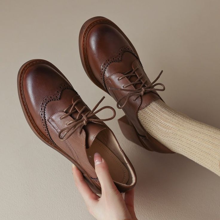 Brogue Carving, 65mm Block Heel. These Oxford Shoes are All Made Of Top Layer Leather, Soft, Flexible And Comfortable, Hand-Cut, Wearing Your Unique Beauty. Details Determine Success Or Failure. Color: Brown/BlackMaterial: Cow Leather Lining: Genuine LeatherInsole: Genuine LeatherSole: RubberHeels: 6.5 cm/2.56"Weight: 0.31kg Each Shoes (measured size 6) Fit: Medium to Wide, Runs Normal.Origin: Made in China Production Time: About 7-10 days (Any exceptional case will email you, Please pay attenti Brown Shoes Boots, Brown Dress Shoes Women's, Women’s Oxford Shoes, Women’s Oxfords, Brown Shoes Womens Outfit, Old Fashioned Shoes, Light Academia Shoes, Brown Leather Shoes Women, Brogues Womens Outfit