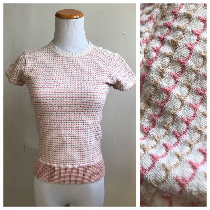 Vintage items make great unique and unexpected gifts. *Based on the label this could be an early 2000s Gap top, but it has that sweet 90s vibe CONDITION: Vintage Excellent  LABEL SIZE: XS  EST. MODERN SIZE: XS (0 - 2) MEASUREMENTS: Message if needed FEATURES: Beautiful scalloped knit stripes with pink and cream hue; functional buttons across left shoulder.  *Based on the label this could be an early 2000s Gap top, but it has that sweet 90s vibe Shop VintageBobbieMaude for MORE: https://www.etsy. Retro Cream Knit Tops, Cream Retro Knit Top, Cream Knit Retro Top, Fitted Retro Cream Top, Vintage Pink Knit Tops, Gap 90s, Easter Sweater, Easter Sweaters, 90s Crop Top