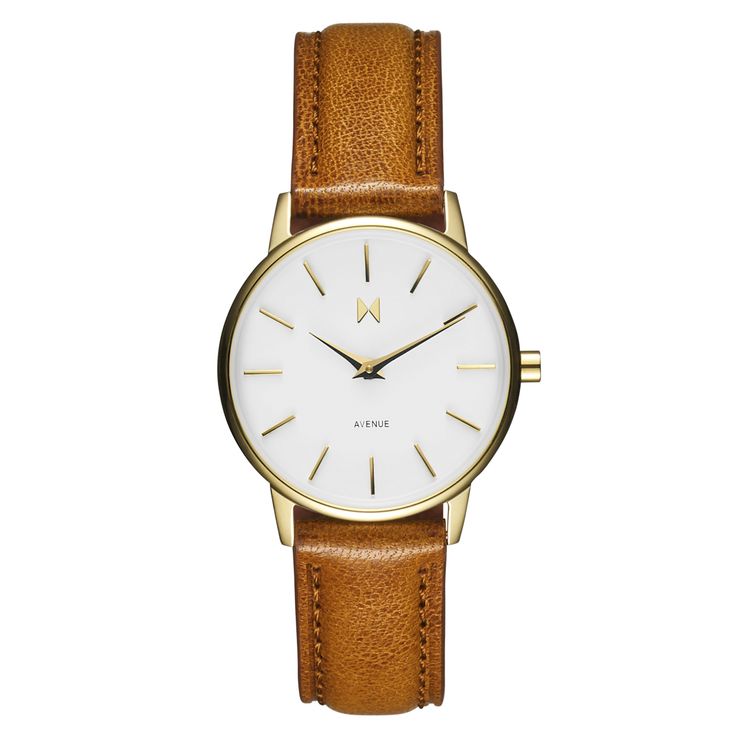 The Avenue Collection’s Pretty And Petite Design Is Inspired By The Classic Style Of New York. Timeless Women’s Timekeeping Meets An Italian Tan Pebbled Leather Strap, Gold Case, And White Dial. | Avenue Women’s Watch — Italian Tan Color Story | MVMT