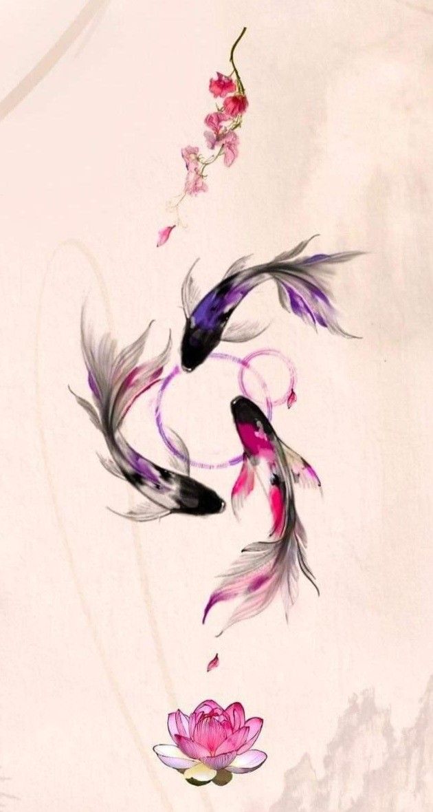 two koi fish swimming next to each other on a white background with pink flowers