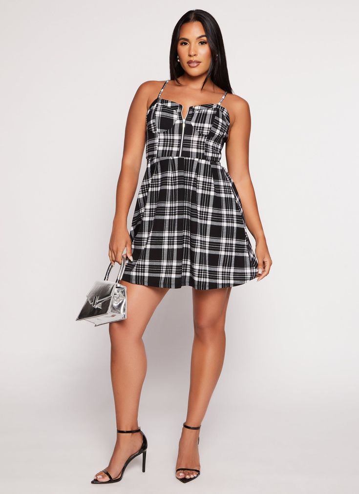 Almost Famous, Skater Dress - Fit and Flare Dress, Short Length Dress, Sleeveless, Sweetheart, Adjustable Strap(s), Pleated, Zippers, Plaid Pattern, Item Number 3410077134904 Chic Sleeveless Plaid Mini Dress, Plaid Sleeveless Mini Dress For Date Night, Sleeveless Plaid Mini Dress For Date Night, Plaid Sleeveless Mini Dress For Vacation, Plaid Sleeveless Mini Dress For Day Out, Vacation Sleeveless Plaid Mini Dress, Sleeveless Plaid Cotton Mini Dress, Sleeveless Cotton Mini Dress In Plaid, Plaid Sleeveless Dress For Date Night