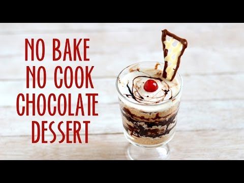 there is a dessert in the glass with chocolate and cream toppings on it that says no bake, no cook, chocolate dessert