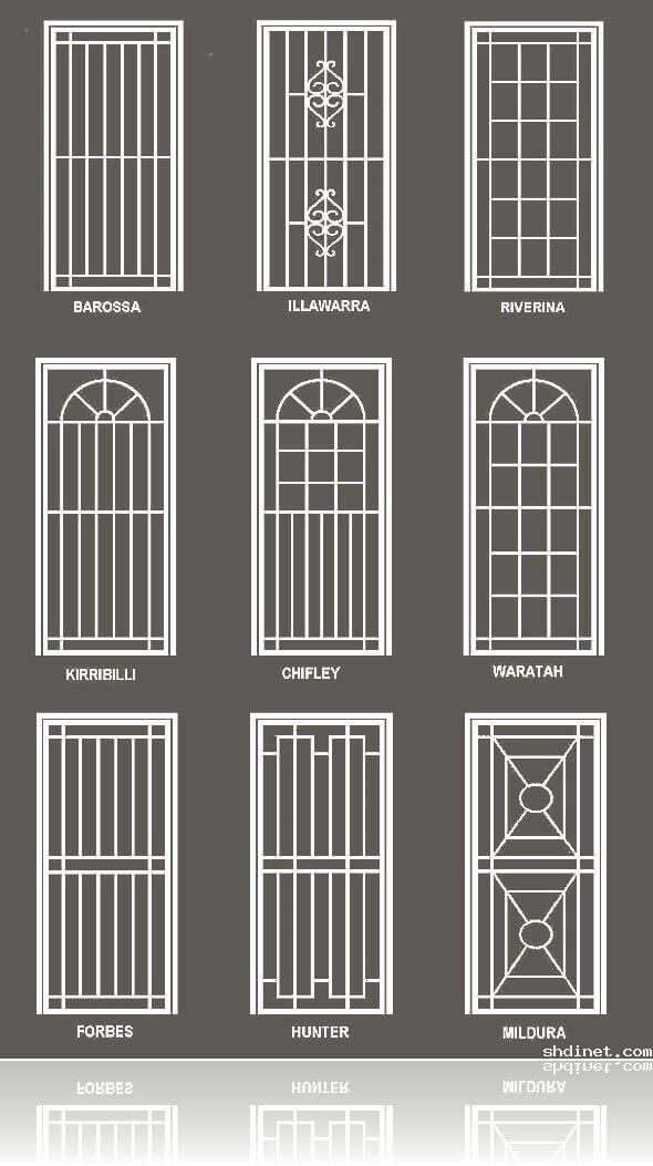 various types of doors and windows with their names in white on a gray background illustration