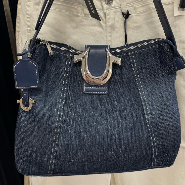 Brand New Cute Fashionable True Religion Jean Shoulder Bag Casual Bags With Metal Hardware For Daily Use, Casual Bags For Daily Use With Metal Hardware, Denim Shoulder Bag For Travel, Casual Satchel Bag With Metal Hardware, Casual Shoulder Bag With Metal Hardware And Double Handle, Casual Shoulder Bag With Double Handle And Metal Hardware, Denim Blue Shopping Shoulder Bag, Denim Blue Denim Shoulder Bag For Shopping, Casual Tote Shoulder Bag With Metal Hardware