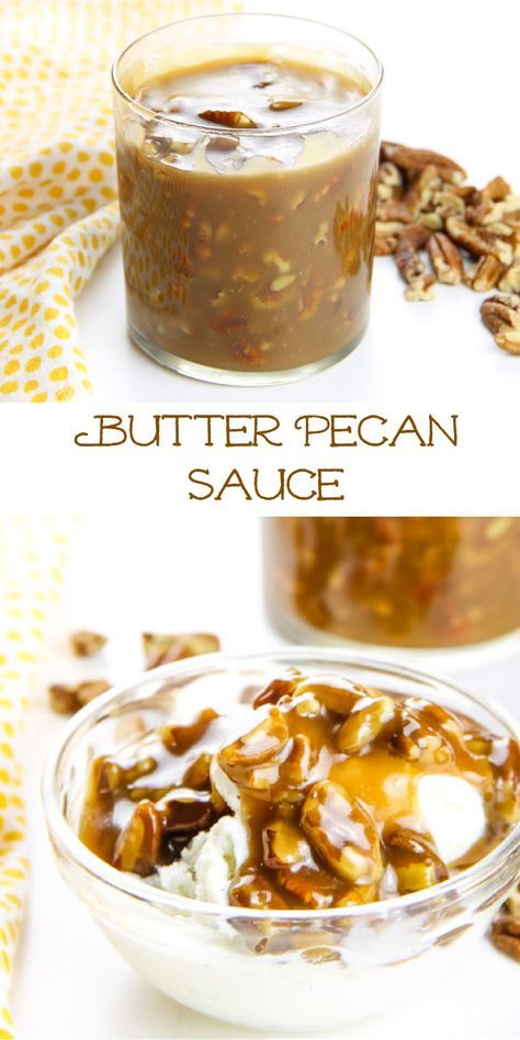 two pictures of peanut pecan sauce in a glass bowl