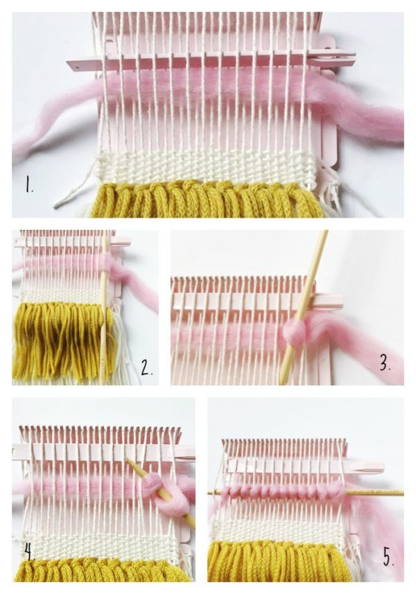 four pictures showing how to make a weaving loom