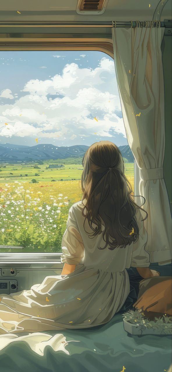 a woman sitting on a bed looking out a window at the grass and flowers outside