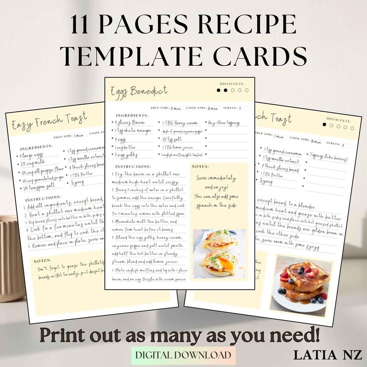 three recipe cards with the text 11 pages recipe template cards print out as many as you need