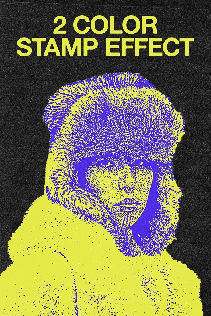 a poster with the words 2 color stamp effect in blue and yellow on black paper