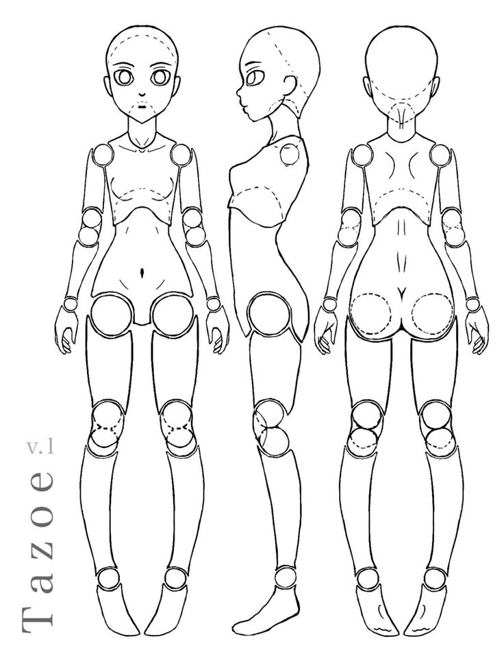 three different views of the body and legs of an anime character, from front to back