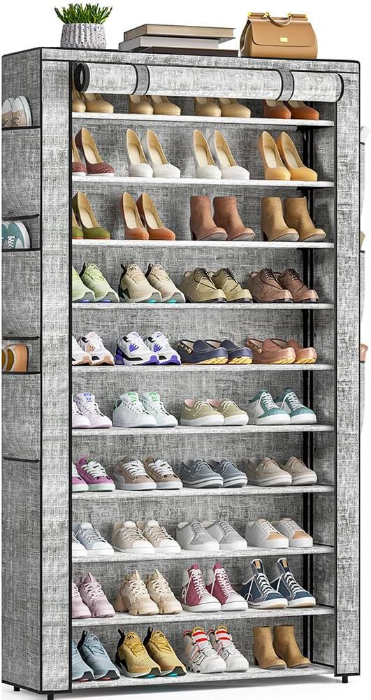 the shoe rack has many pairs of shoes on it