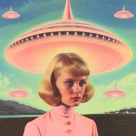 a painting of a woman standing in front of an alien ship with two flying saucers over her head