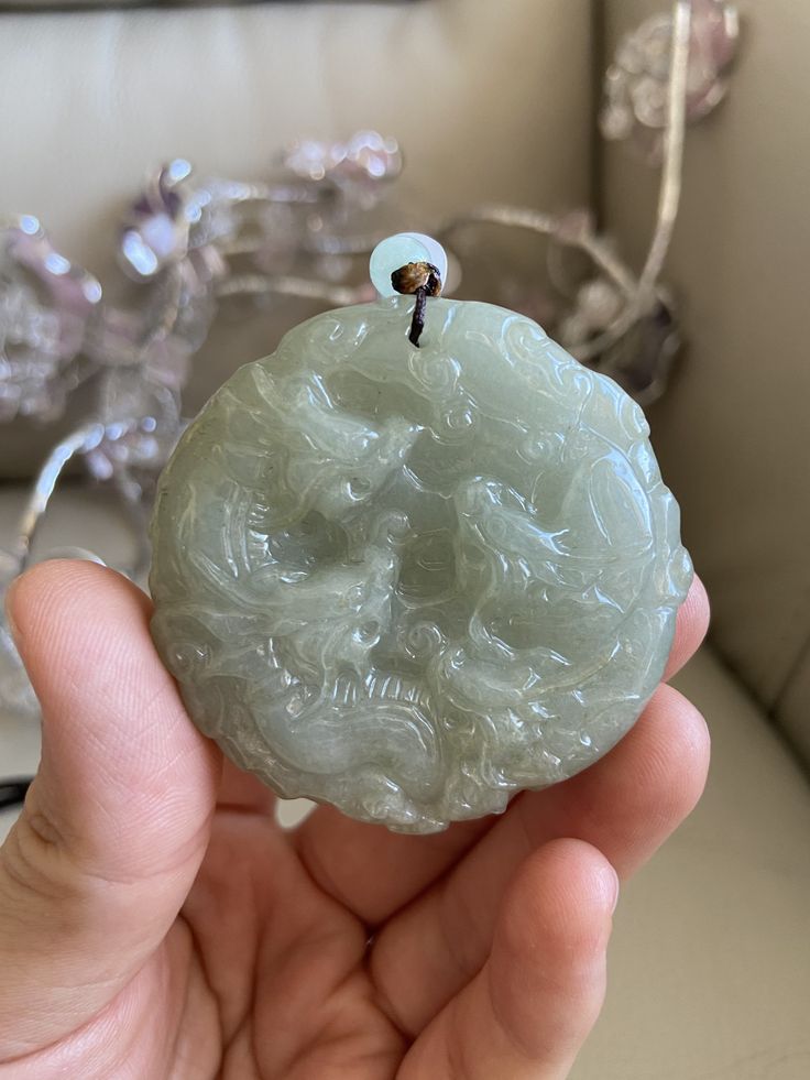 🌈 Chinese 9 Dragons Jadeite Pendant, Light Green 🌷 Untreated Natural Jadeite/ Grade A Jade 🌷 Certified : YES 🌷 Jade from Myanmar/ Burma 🌷 Dimensions : 53.9 x 53.9 x 12.6 mm 🌷 Color : Light Green 🌷 Free standard shipping from Hong Kong with tracking included 🌷 Take approximately 7-21 days to arrive worldwide Carved Round Necklaces For Wedding, Carved Round Wedding Necklaces, Round Jade Collectible Jewelry, Collectible Round Jade Jewelry, Round Jade Jewelry With Large Stone, Carved Pendant, Chinese Jewelry, Lavender Green, Jade Bangle