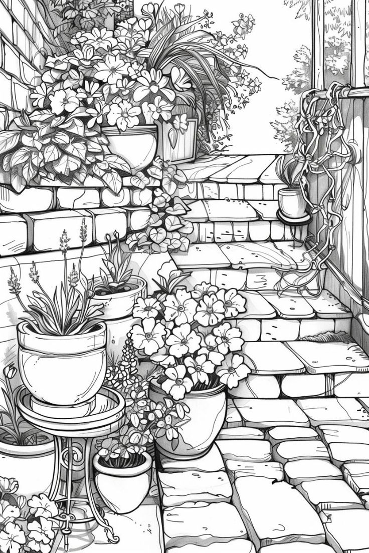 Small Cozy Terraced Garden with Flowers Color Fill In Drawings, Plants Coloring Pages, Garden Sketch, Garden With Flowers, Terraced Garden, Printable Coloring Pages For Adults, Free Adult Coloring Printables, Garden Escape, Printable Flower Coloring Pages