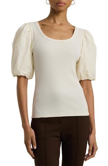 Woven puff sleeves frame a trim mini-ribbed knit bodice in this fashion-forward cotton top. Scoop neck Short sleeves 94% cotton, 6% elastane with 100% cotton contrast Machine wash, line dry Made in Turkey Chic Cotton Puff Sleeve Top With Balloon Sleeves, Chic Cotton Puff Sleeve Top, Chic Ribbed Cotton Top, Casual Ribbed Puff Sleeve Top For Spring, Fitted Puff Sleeve Knit Top, Fitted Knit Top With Puff Sleeves, Solid Color Cotton Knit Top With Ribbed Neckline, Casual Ribbed Top With Balloon Sleeves, Cotton Knit Top With Ribbed Neckline