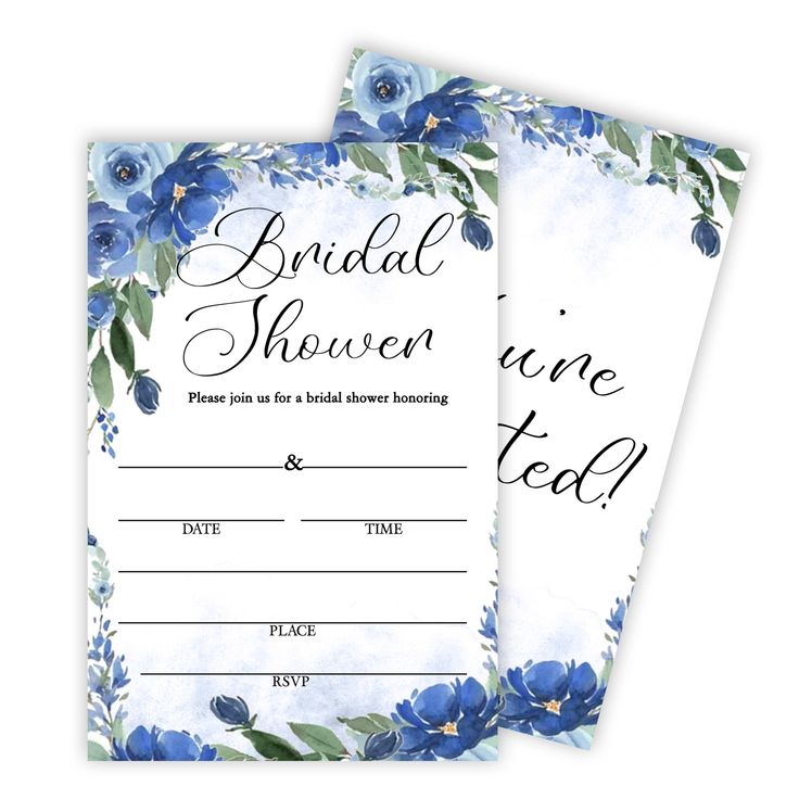 two blue flowers are on the front and back of this bridal shower game card