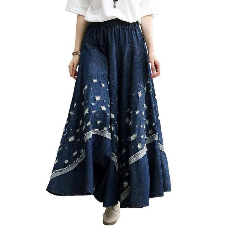 Experience a fit and flare trend like no other with the 2023 Autumn Collection's Embroidered Denim Skirt! Perfectly balanced between street style and sophistication. this high-waisted skirt is the perfect embodiment of contemporary fashion.Distinctive Features: Embroidered Edge: Intricately designed to capture the eye. this skirt features a unique embroidered pattern. inspired by the '90s grunge movement. Fit and Flare: Designed to hug your silhouette while ensuring comfort. this skirt will have Flared Denim Skirt For Summer, Trendy Flare Skirt For Spring, Bohemian Dark Wash Bottoms For Spring, Wide Leg Denim Skirt For Spring, Denim Blue Flare Skirt For Spring, Spring Flare Denim Blue Skirt, Spring Denim Blue Flare Skirt, Casual Flared Hem Jeans For Summer, Casual Flare Skirt For Summer