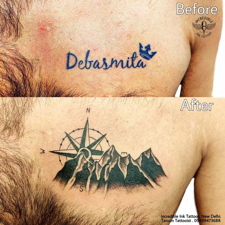 before and after photos of a man's chest tattoo