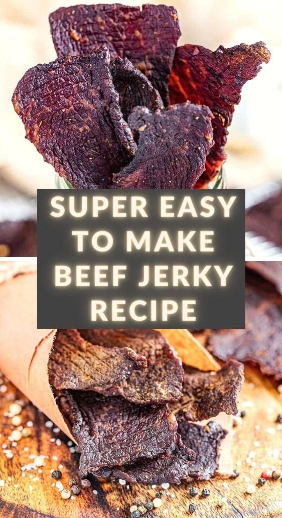 beef strips stacked on top of each other with the words super easy to make beef jerk recipe