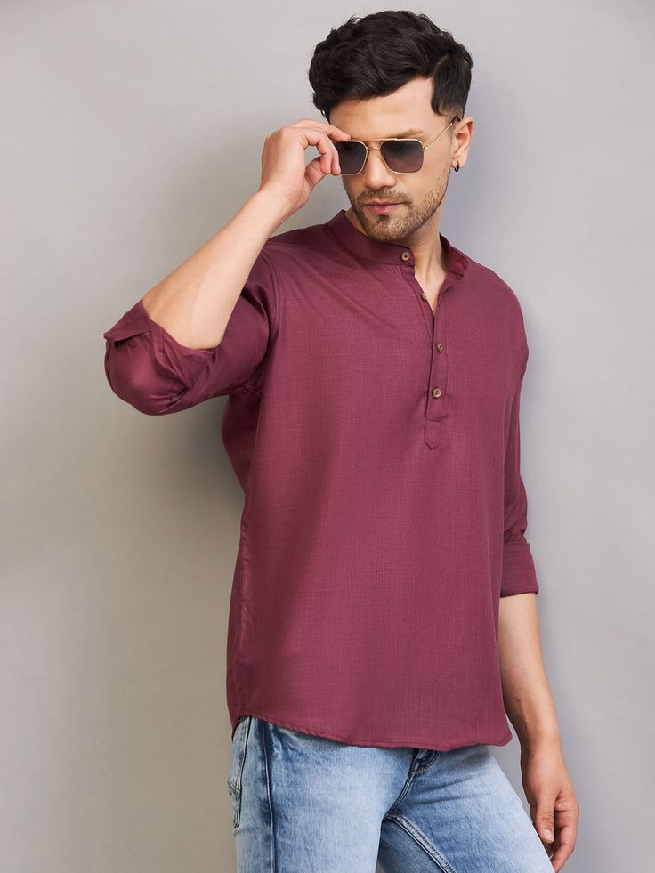 Vastramay Men's Purple Short Cotton Kurta Classic Cotton Kurta For Semi-formal Occasions, Classic Cotton Long Sleeve Kurta, Classic Long Sleeve Cotton Kurta, Kurta Short, Kurta Shirt, Men Kurta, Kurta Men, Short Kurta, Relaxed Outfit