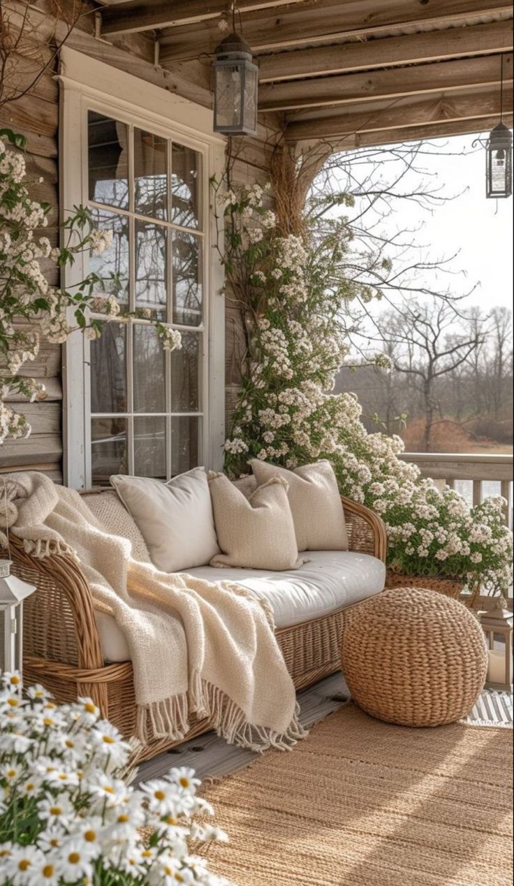 a porch covered in wicker furniture and flowers