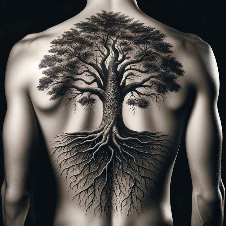 the back of a man's body with a tree on his chest and roots growing out of it