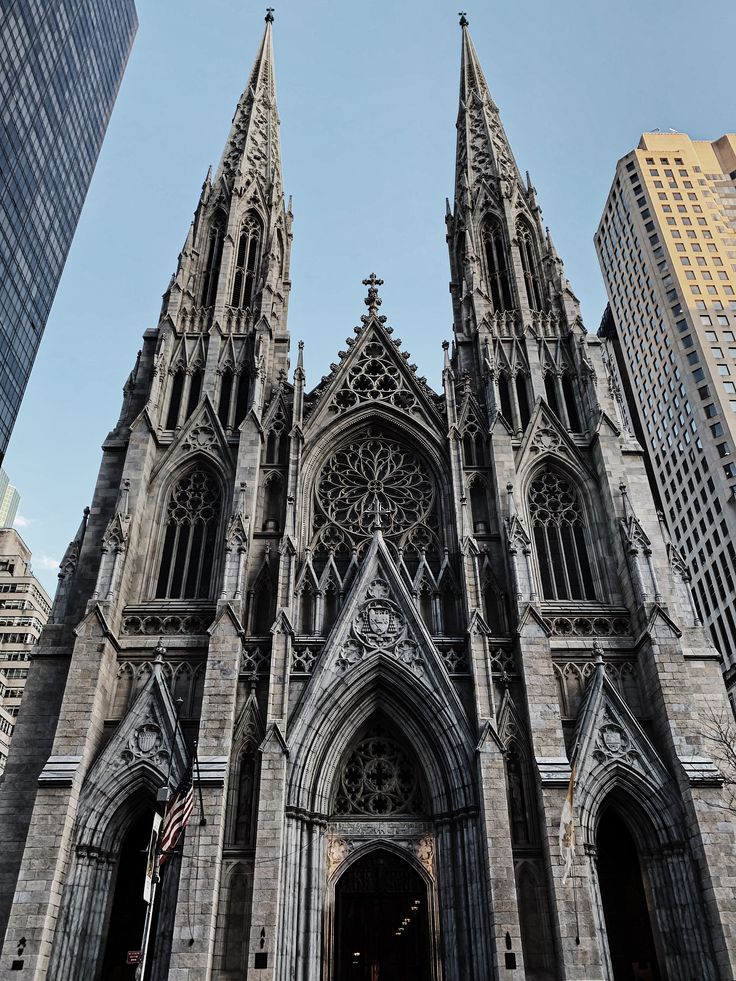 the large cathedral is surrounded by tall buildings