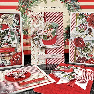 christmas cards and envelopes are shown in red, white and green colors with the words spellbinders on them