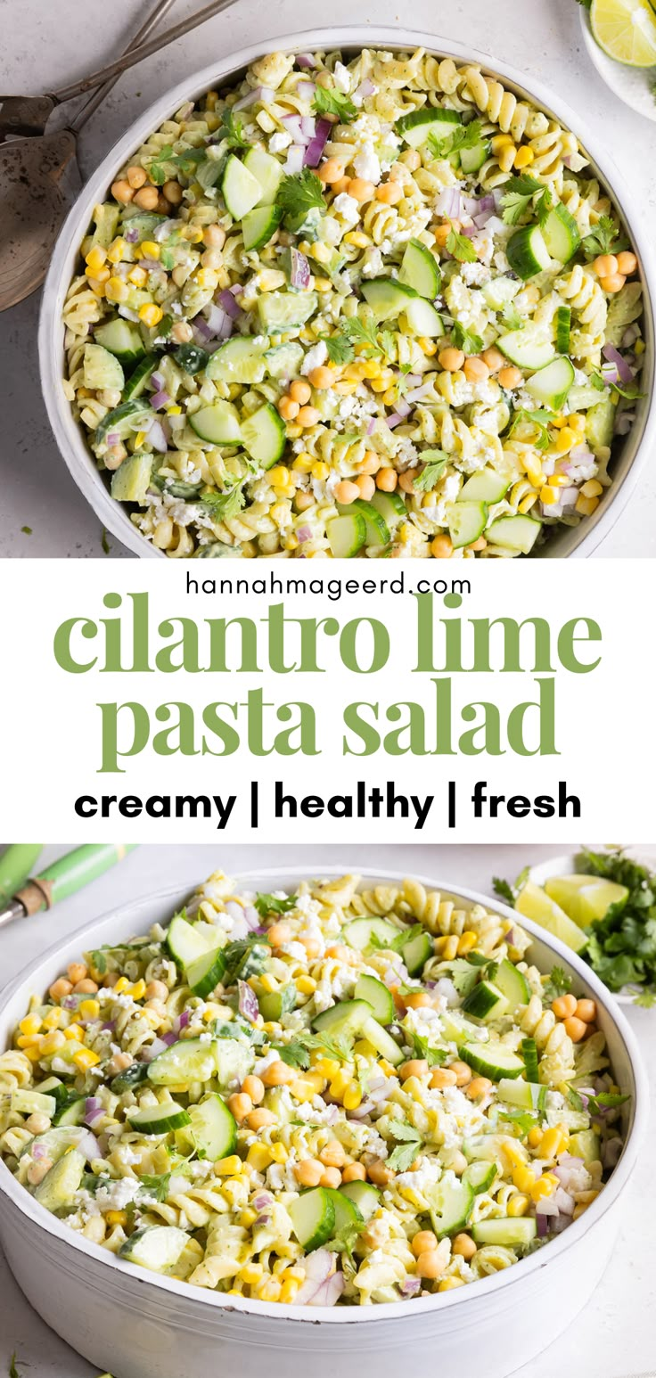 two bowls filled with cucumber, corn and pasta salad on top of a white table