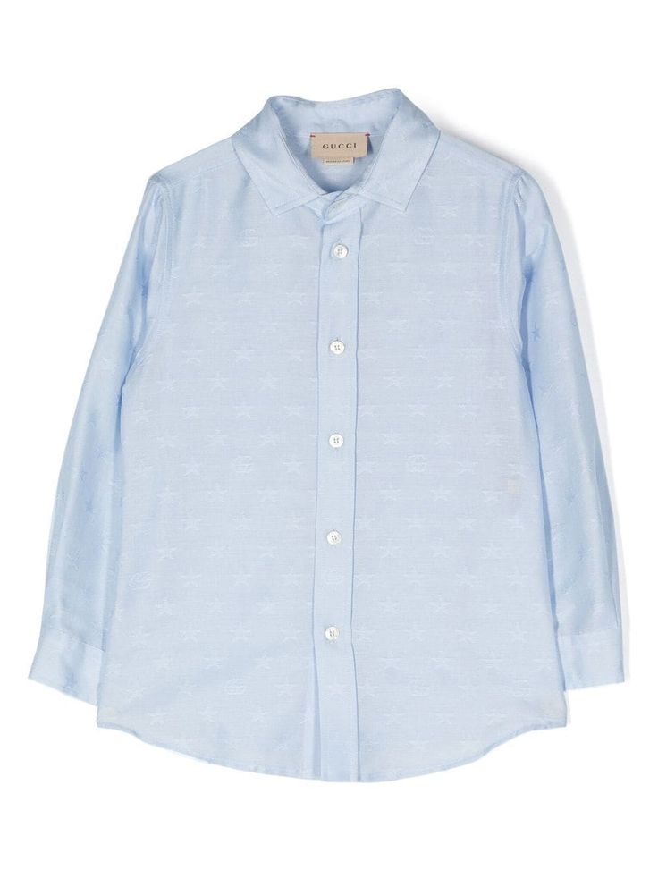 blue cotton signature Double G logo star print classic collar front button fastening long sleeves buttoned cuffs curved hem Logo Star, Double G Logo, Dress With Jean Jacket, Baby Boy Accessories, G Logo, Gucci Kids, Burberry Kids, Dolce And Gabbana Kids, Stella Mccartney Kids