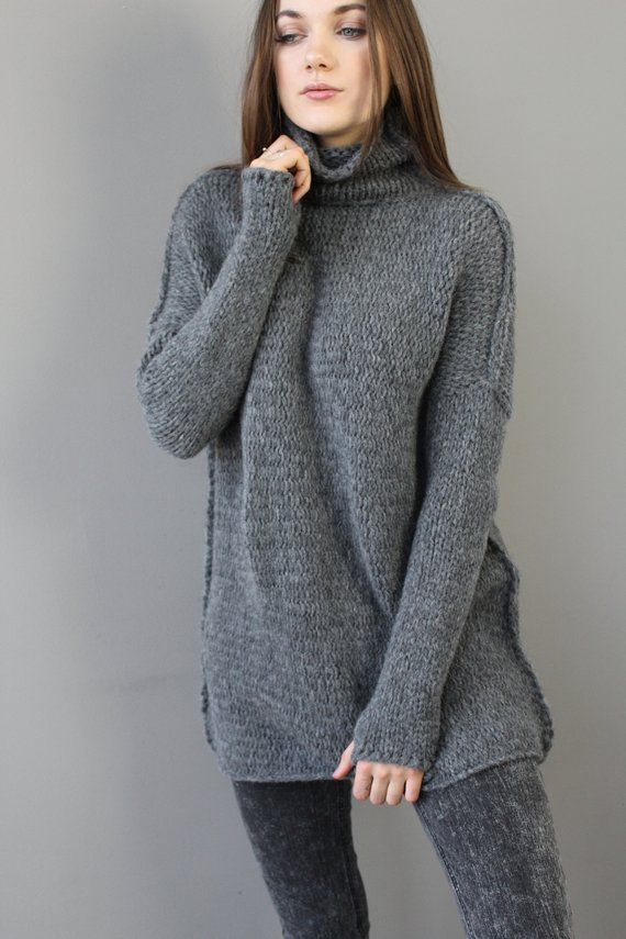 Grey Alpaca Oversized Slouchy Loose woman knit sweater. | Etsy Gray Turtleneck For Fall, Gray Long Sleeve Turtleneck, Winter Solid Color Chunky Knit Turtleneck, Winter Solid Chunky Knit Turtleneck, Winter Chunky Knit Solid Turtleneck, Winter Chunky Knit Turtleneck, Gray Turtleneck For Fall Layering, Gray Knit Turtleneck For Fall, Chunky Knit Long Sleeve Turtleneck For Layering