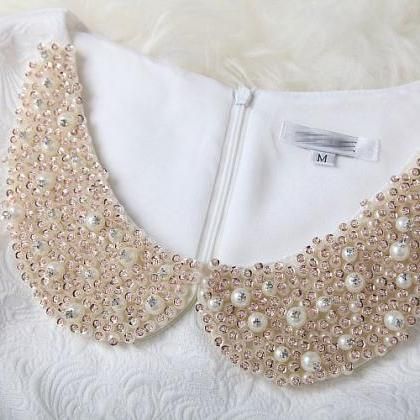 Sweet White Shining Beading Party D.. White Rhinestone Dress For Summer, White Sequined Dress For Banquets, White Summer Dresses With Rhinestones, White Sequined Dress For Banquet, Summer White Dress With Rhinestones, Elegant White Dress With Pearl Embroidery, Fitted White Dress With Pearl Embroidery, Embellished White Banquet Dress, Elegant Party Dress With Embellished Collar