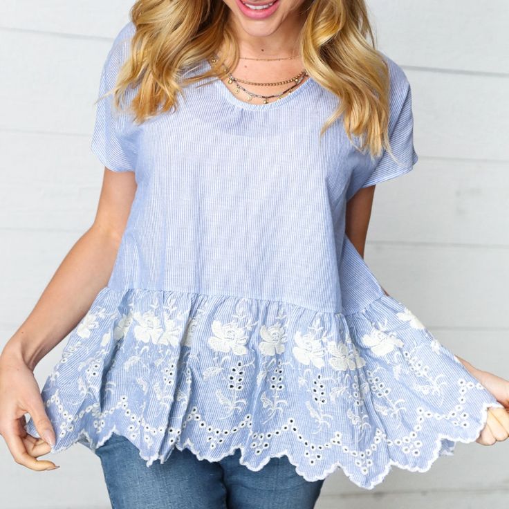 Soft Blue Peplum Blouse With Embroidery 22in Ptp 27 1/2in Length Shoulder To Hem 100% Cotton Cotton Boho Tops, White Tunic Shirt, Disney Scrubs, Lace Balloons, Trapeze Top, Halloween Tank Top, Smock Blouse, Sequin Pants, Floral Lace Tops