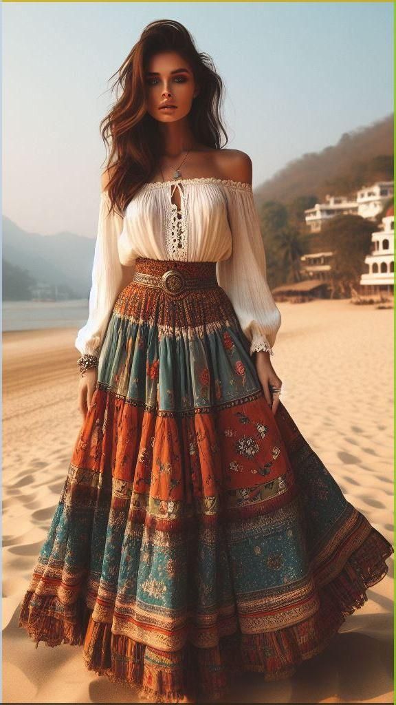 Boho Pirate Style, Boho Skirts Long Bohemian, Long Skirt Boho Outfit, Bohemian Style Aesthetic, Chic Bohemian Outfits, Modern Gypsycore Fashion, Gipsyland Outfit, Bohomeian Style Outfits, Boho Girl Aesthetic