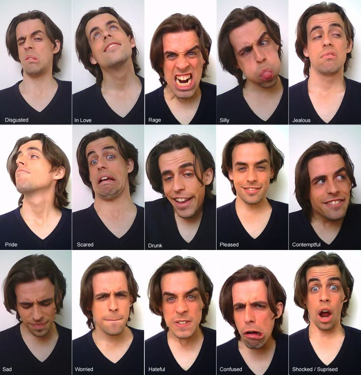 the many faces of a man with different facial expressions