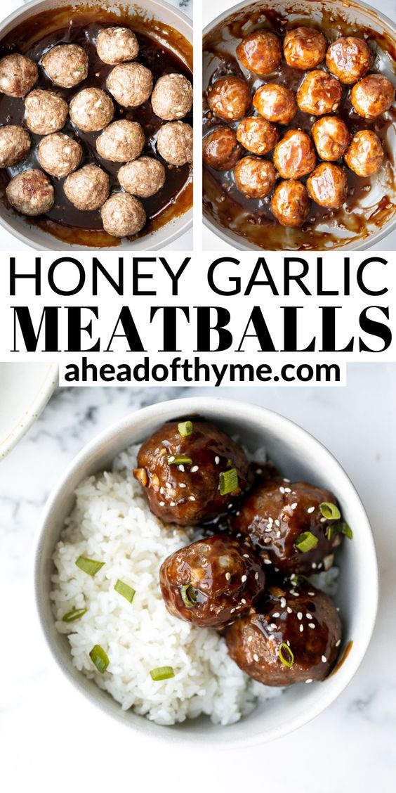 honey garlic meatballs with white rice and green onions in a bowl on the side