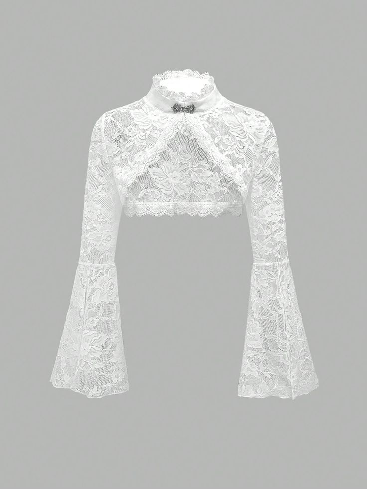 Gothic Style Split Hem Lace Vest With Open Front And Flared Sleeves For Women White   Long Sleeve Lace Colorblock,Halloween,Plain  Medium Stretch All Women Clothing, size features are:Bust: ,Length: ,Sleeve Length: Lace Formal Top, White Lace Bell Sleeve Top, White Lace Sleeves, White Lace Bolero, White Gothic Outfit, White Lace Aesthetic, White Lace Turtleneck, Romwe Outfit Ideas, Goth Sewing Patterns