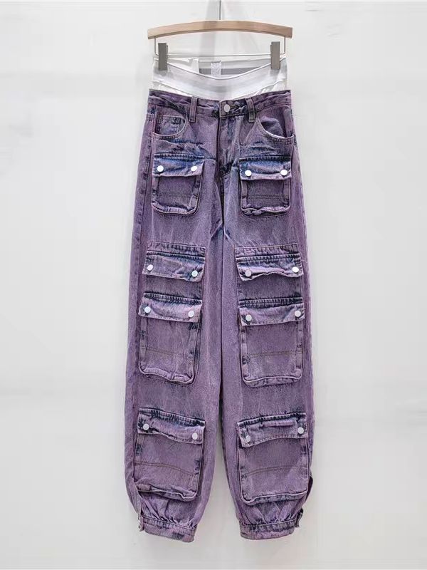 Fabric Denim Purple Baggy Straight Leg Pants, Purple Straight Leg Cargo Pants With Pockets, Purple Straight Leg Bottoms With Cargo Pockets, Streetwear Purple Pants With Pockets, Baggy Straight Leg Purple Jeans, Purple Straight Leg Pants With Cargo Pockets, Purple Streetwear Pants With Pockets, Baggy Purple Straight Leg Jeans, Purple Baggy Straight Leg Jeans