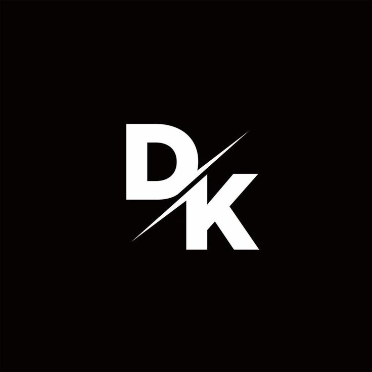 the letter dk is made up of white letters and black background with a diagonal line