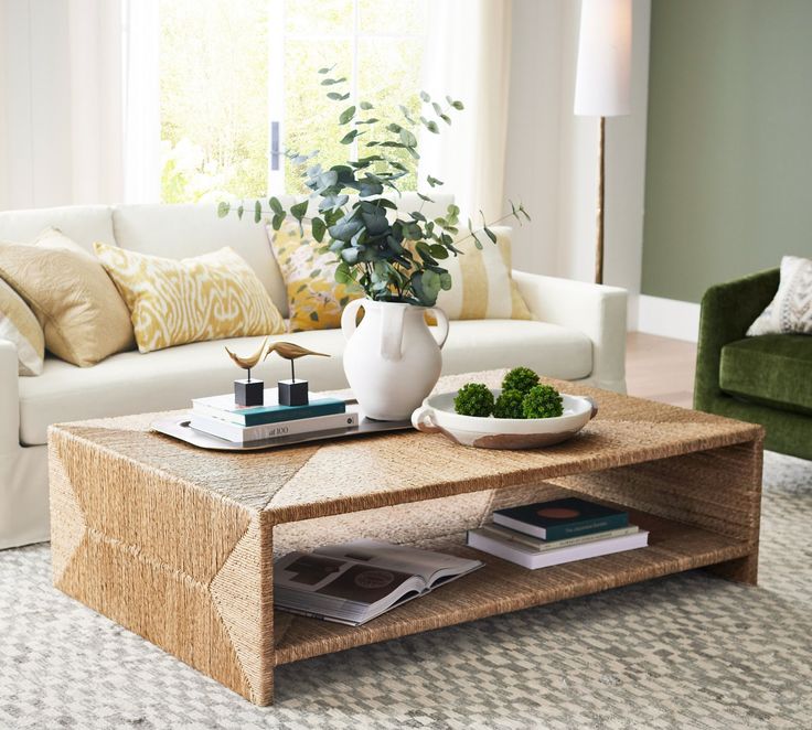 a living room filled with furniture and a plant on top of a coffee table in front of a window