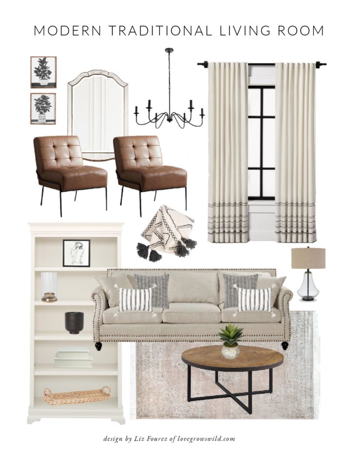 the modern traditional living room is shown in white and beige tones, including leather furniture