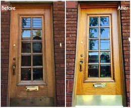 before and after shots of a front door with glass panes showing the same window