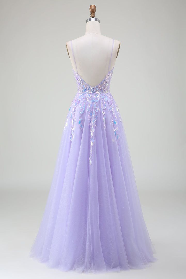 Lavender Party Gown With Sweetheart Neckline, Elegant Purple Gown With Sheer Bodice, Elegant Lavender Ball Gown Dress, Lavender Tulle Evening Dress For Party, Lavender Gown For Prom Party, Lavender Gown For Prom Season Party, Formal Backless Tulle Dress, Lavender Sleeveless Party Gown, Sleeveless Lavender Gown For Party