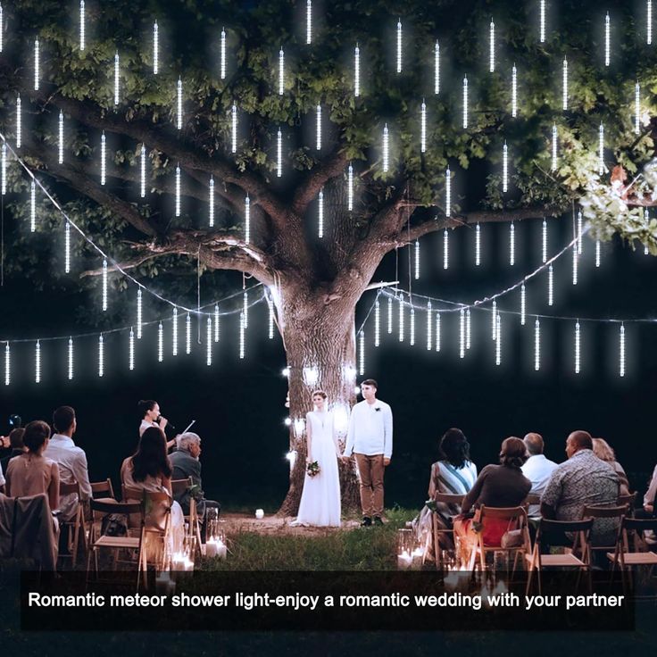 a couple standing under a large tree with lights on it's branches in front of them